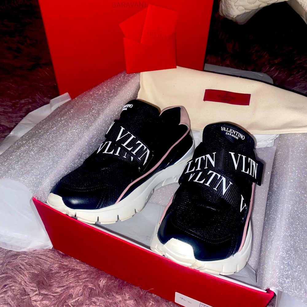 Valentino Black Stretch Knit and Leather VLTN Heroes Her  Sneakers